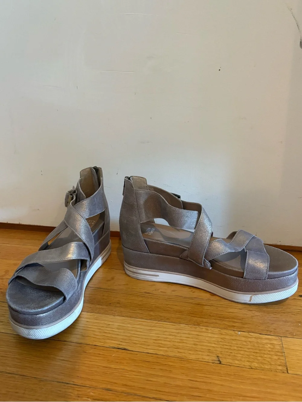 Eileen Fisher Metallic Silver Crisscross Wedge Sandals